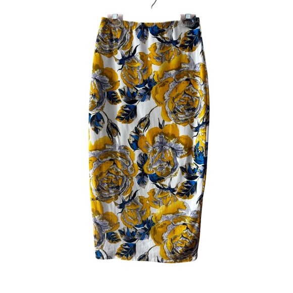 Floral Yellow Blue Midi Pencil Skirt‎ Medium Sexy Rose Print Joe & Elle Stretch - Picture 3 of 6